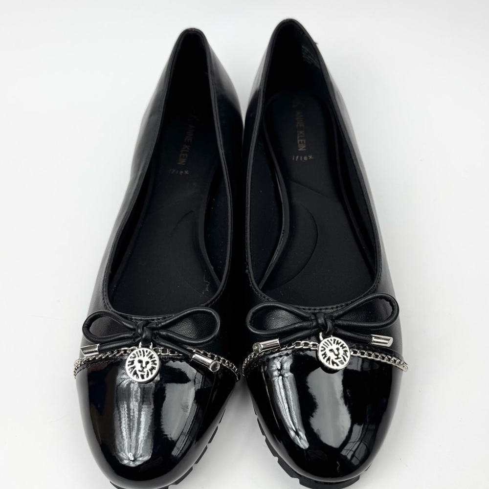 Anne Klein iflex Black Leather & Patent Bow Tie Low Heel Flats Sz 8.5